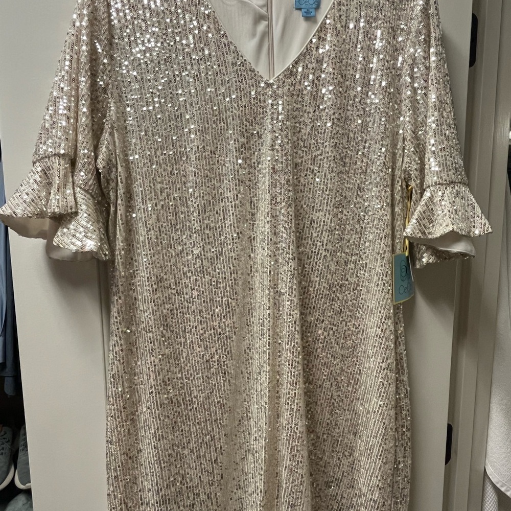 CeCe Sequin V-Neck Dress with Ruffle Sleeves